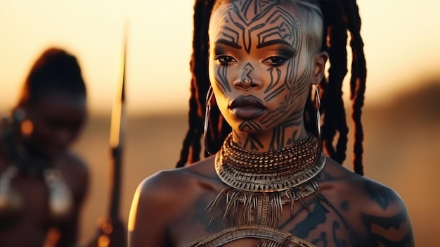 Donne femminili dall'Africa con cosmetici per il trucco di tatuaggi culturali e arma di lancia in pietra di legno
