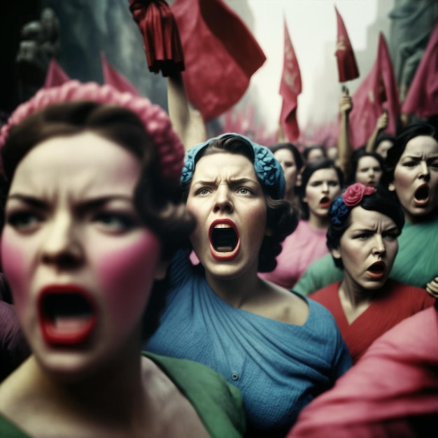 Donne generative ai che protestano urlando folla di persone che protestano per i loro diritti