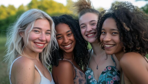 Donne giovani sorridono e posano insieme Donne che si godono la vita durante una riunione sociale o una vacanza