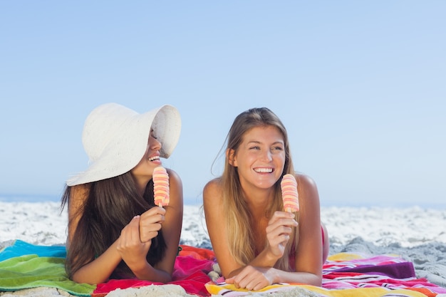 Donne graziose sorridenti che si trovano sul loro asciugamano di spiaggia