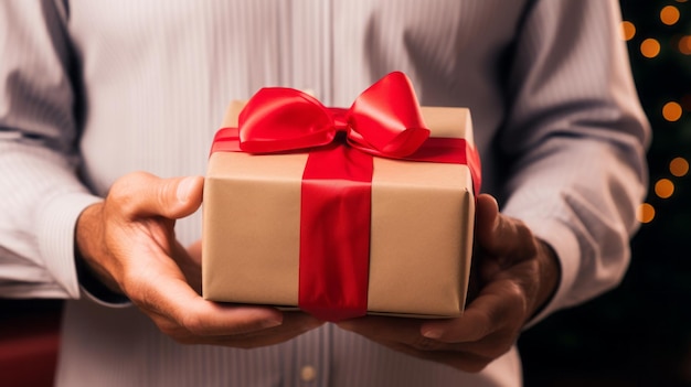 Donne in camicia blu tengono una scatola regalo con un nastro rosso su entrambe le mani