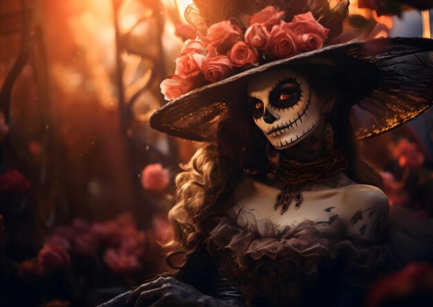 Donne in tema del teschio La Catrina luce rossa Ai generativa