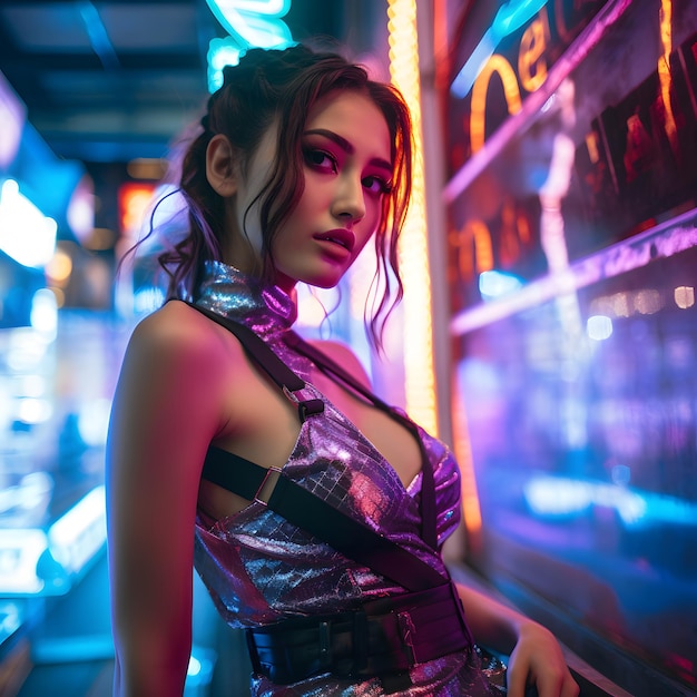 donne in un futuro cyberpunk luci al neon che brillano sul corpo