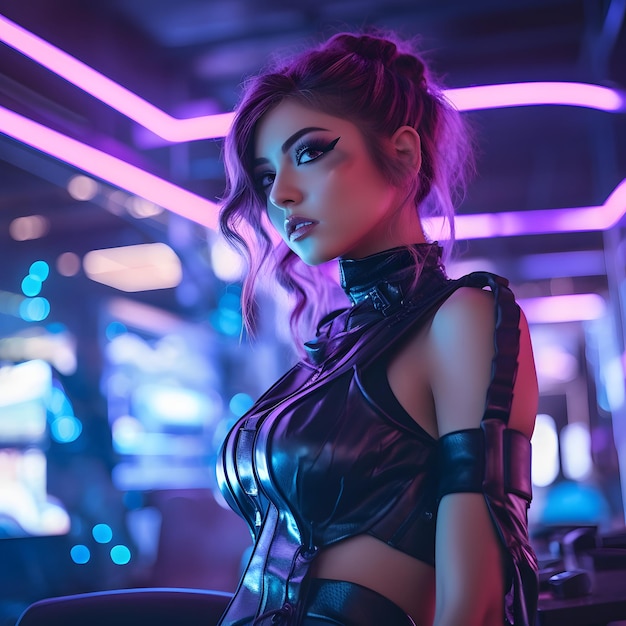 donne in un futuro cyberpunk luci al neon che brillano sul corpo