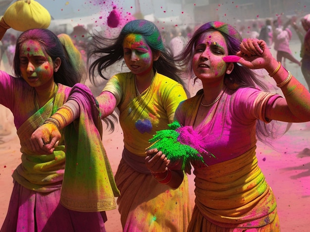 Donne indiane che lanciano polvere Holi colorata