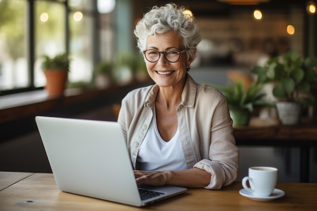 Donne mature con computer sorridente IA generativa