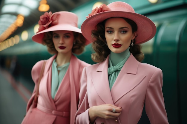 Donne retro chic con cappelli che abbracciano la moda degli anni '60, mostrando stile iconico ed eleganza vintage, un viaggio nostalgico nell'era glamour dei cappelli classici e delle tendenze senza tempo.