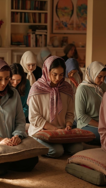Donne sedute in preghiera in casa