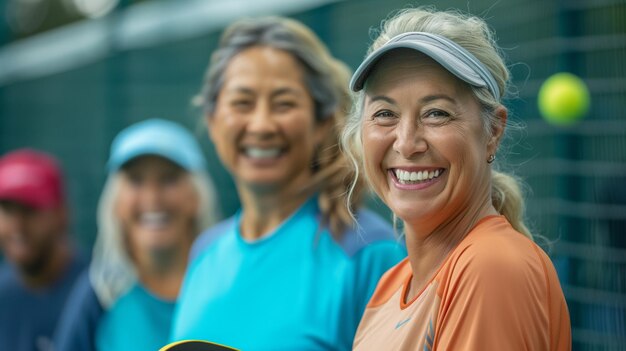 donne sorridenti che tengono racchette e palle da tennis davanti a un'AI generativa netta