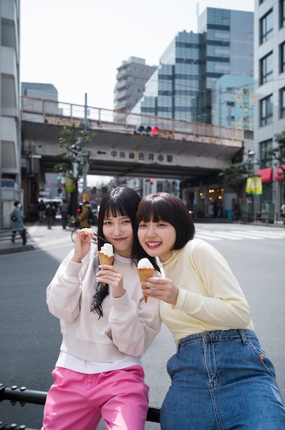 Donne sorridenti con il colpo medio del gelato