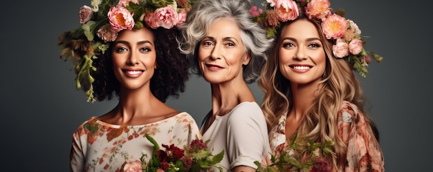 Donne sorridenti di bellezza per la cura della pelle di diverse età Trucco e cosmetici Ai generativa