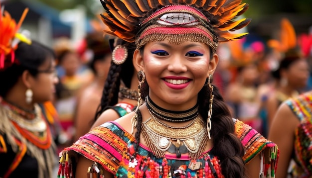 Donne sorridenti in abiti tradizionali ballano in una parata generata dall'intelligenza artificiale