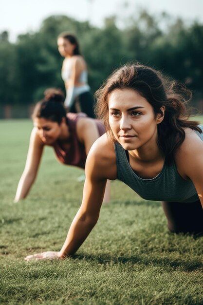 Donne sportive e amiche su un campo per l'allenamento o il mock up creato con l'IA generativa