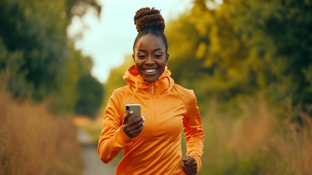 Donne sudafricane che corrono vestite di arancione sorridono con il telefono in mano e guardano direttamente alla telecamera