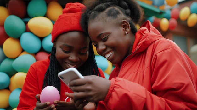 Donne sudafricane giovani adulti sorridono al telefono uova di Pasqua eccitate rosse