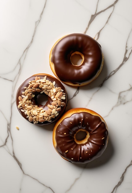 Donut al cioccolato con mandorle sul pavimento bianco