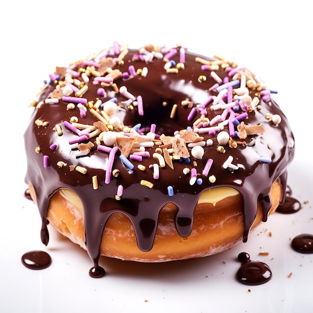 Donut al cioccolato con spruzzate su sfondo bianco