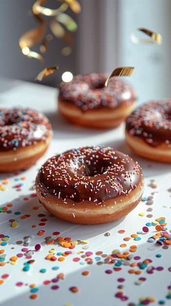 Donut al cioccolato su un tavolo bianco con carta colorata sparsa su tutta la foto