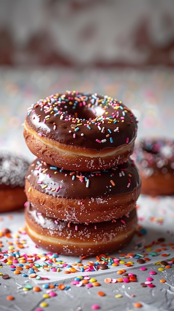 Donut al cioccolato su un tavolo bianco con carta colorata sparsa su tutta la foto