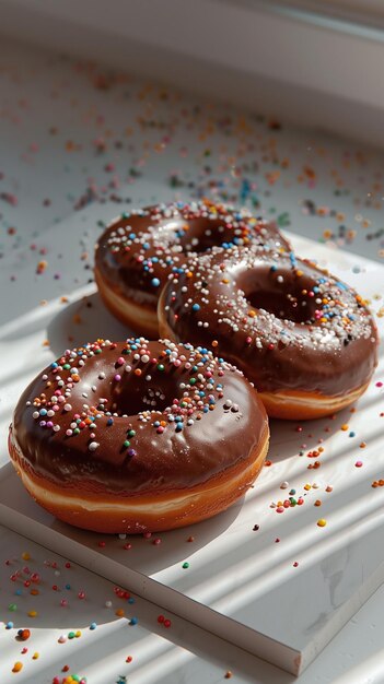 Donut al cioccolato su un tavolo bianco con carta colorata sparsa su tutta la foto