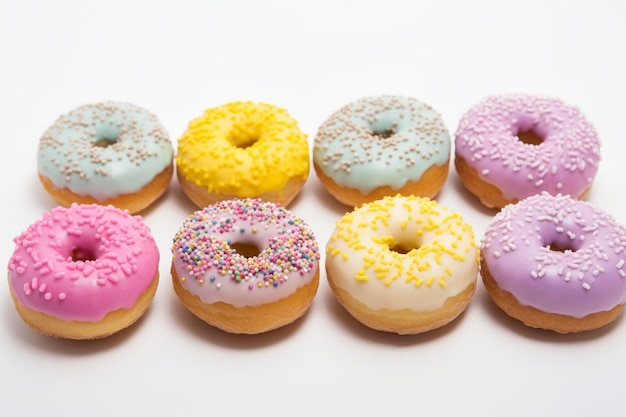 Donut colorate esposte in una deliziosa schiera su uno sfondo bianco incontaminato