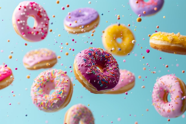 Donut colorati decorati con spruzzi che cadono su uno sfondo pastello AI generativa