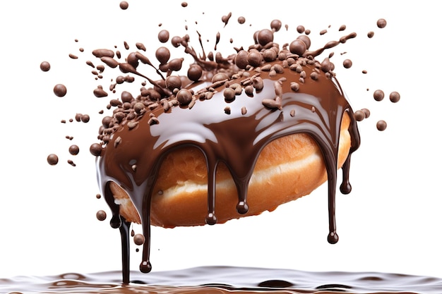 Donut con glassa al cioccolato e spruzzate isolate su sfondo bianco