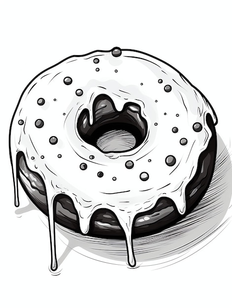 Donut con glassa colorata gustoso dessert pagina di colorazione libro in bianco e nero per adulti e