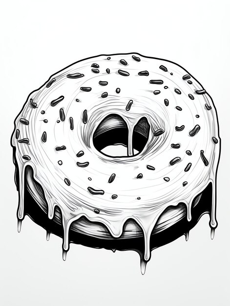 Donut con glassa colorata gustoso dessert pagina di colorazione libro in bianco e nero per adulti e