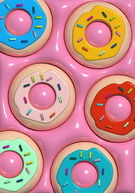 Donut con glassa e spruzzate di zucchero colorate su uno sfondo rosa illustrazione di rendering 3D