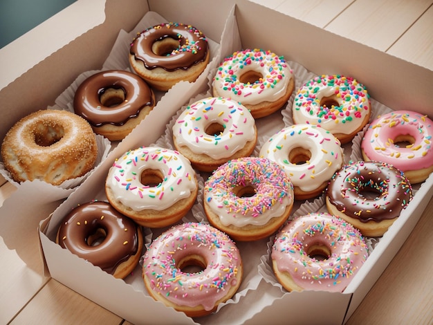 Donut con spruzzate in una scatola di legno su tavola