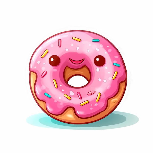 Donut di cartone animato con glassa rosa e spruzzate con una faccia sorridente generativa ai