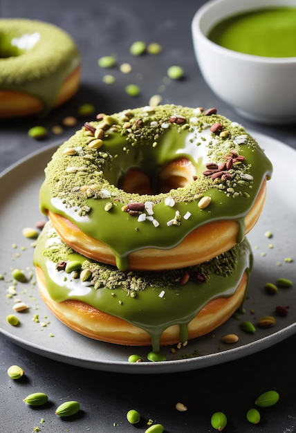 Donut di matcha in piatto con pistacchi