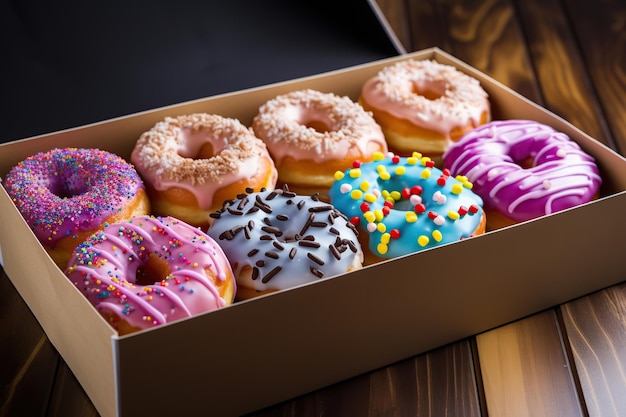 Donut dolci colorati con spruzzi in scatola su sfondo di legno