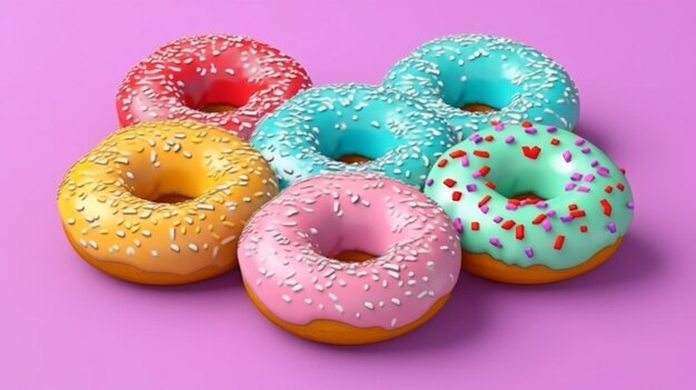 Donut ghiacciati volanti con spruzzate Donut in vari colori con spruzzati isolati su uno sfondo colorato rendering in 3D Generate Ai