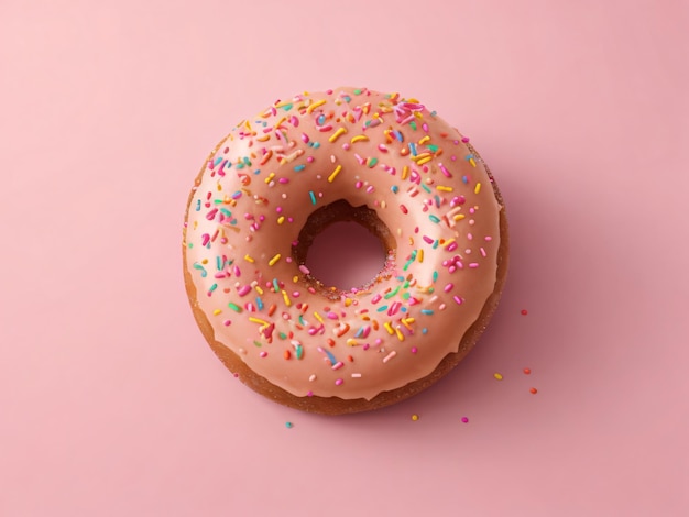 Donut marrone dolce con spruzzate multicolori su uno sfondo rosa