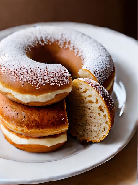 Donut realistico con atmosfera accogliente Palette di colori neutre Illuminazione calda Vista ravvicinata altamente dettagliata in un ristorante senza persone Generativa AI Generata