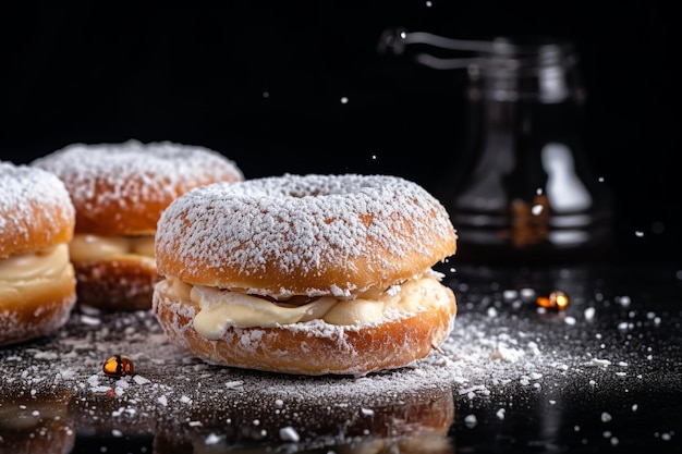 Donut riempiti di crema con crema di burro e zucchero in polvere sulla tavola