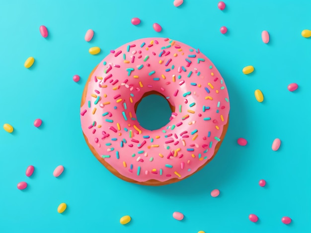 Donut rosa dolce con spruzzate multicolori su uno sfondo turchese