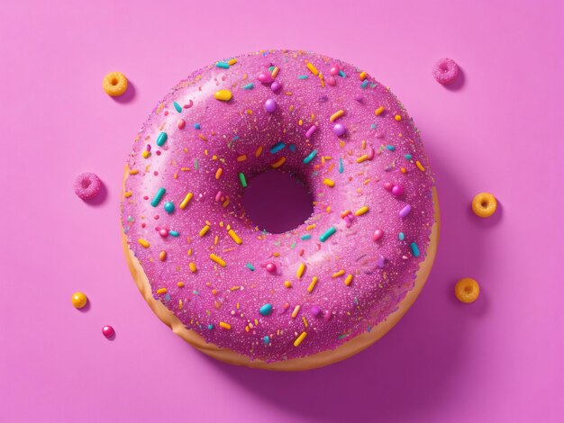 Donut rosa dolce con spruzzate multicolori su uno sfondo viola