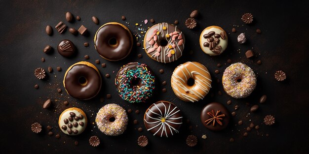 Donuts con cioccolato in cima seduti su un tavolo nero in prospettiva dall'alto verso il basso