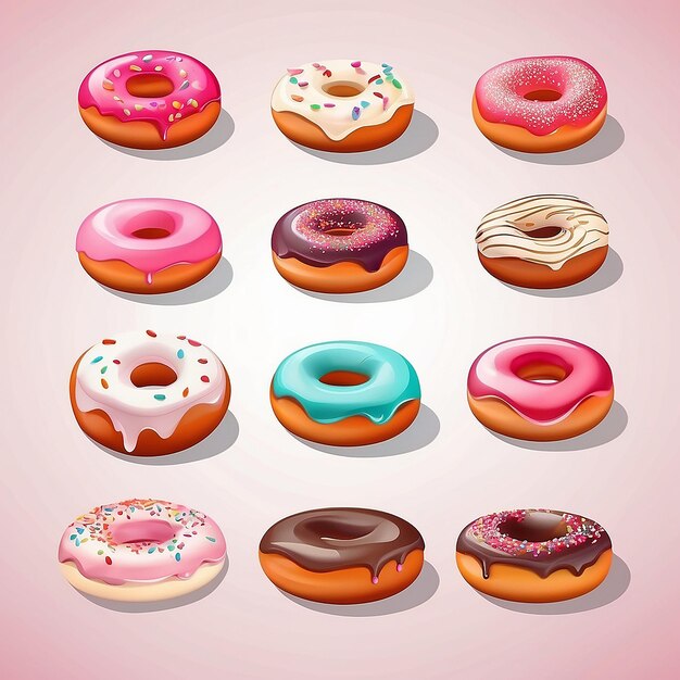 Donuts Vector Icon Illustration Set Collezione di Donut Food Icon Concept Bianco Isolato