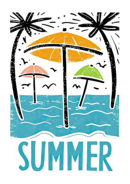 Doodle spiaggia dell'oceano con ombrelli colorati vacanze estive cartolina
