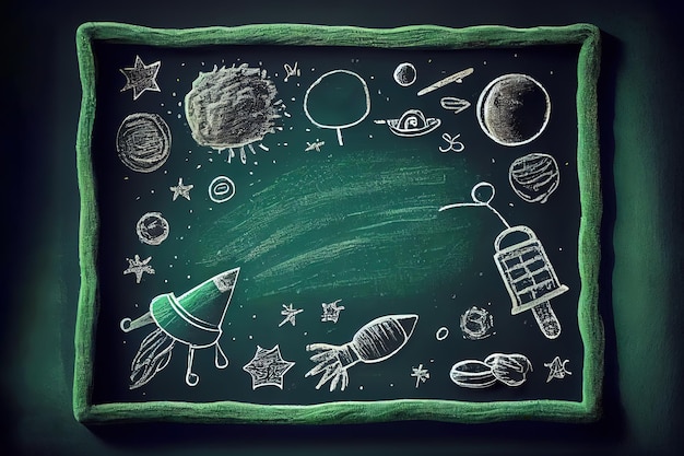 Doodle sullo sfondo della lavagna dell'insegnante di scuola verde con spazio vuoto per la copia per l'immaginazione dell'infanzia Ai generativo