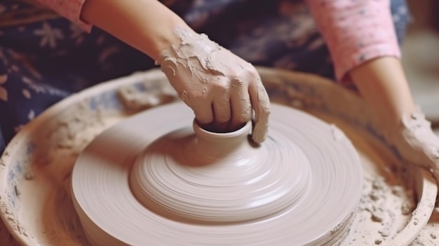 Dopo aver completato un vaso di argilla, le vasaie donne lo hanno tolto dal tornio Creazione di un vaso di argilla bianca Generative AI