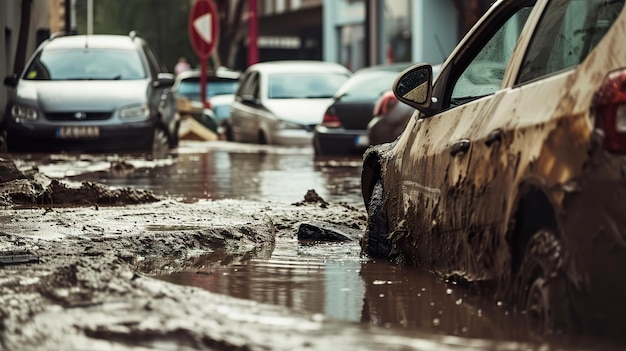 Dopo il disastro naturale le auto sono inondate nelle strade urbane