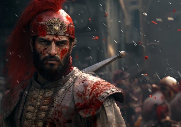Dopo la battaglia di Costantinopoli un soldato ottomano mostra un viso insanguinato con le cicatrici della conquista