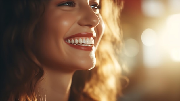 Dopo lo sbiancamento dei denti, un bel sorriso femminile per la salute orale. Idea di odontoiatria Ai generativa