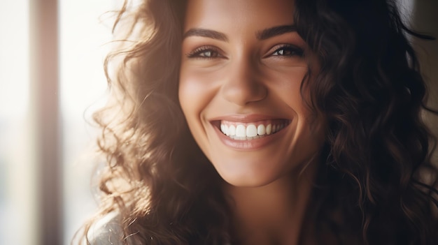 Dopo lo sbiancamento dei denti, un bel sorriso femminile per la salute orale. Idea di odontoiatria Ai generativa