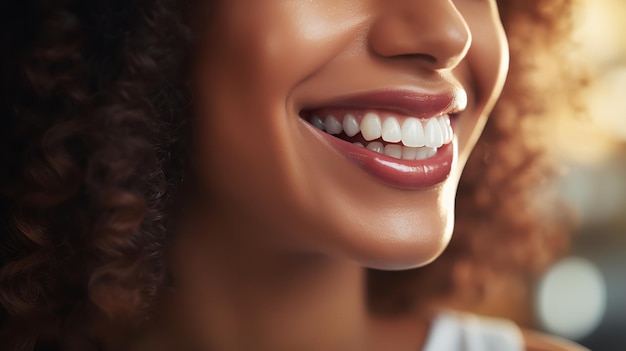 Dopo lo sbiancamento dei denti, un bel sorriso femminile per la salute orale. Idea di odontoiatria Ai generativa